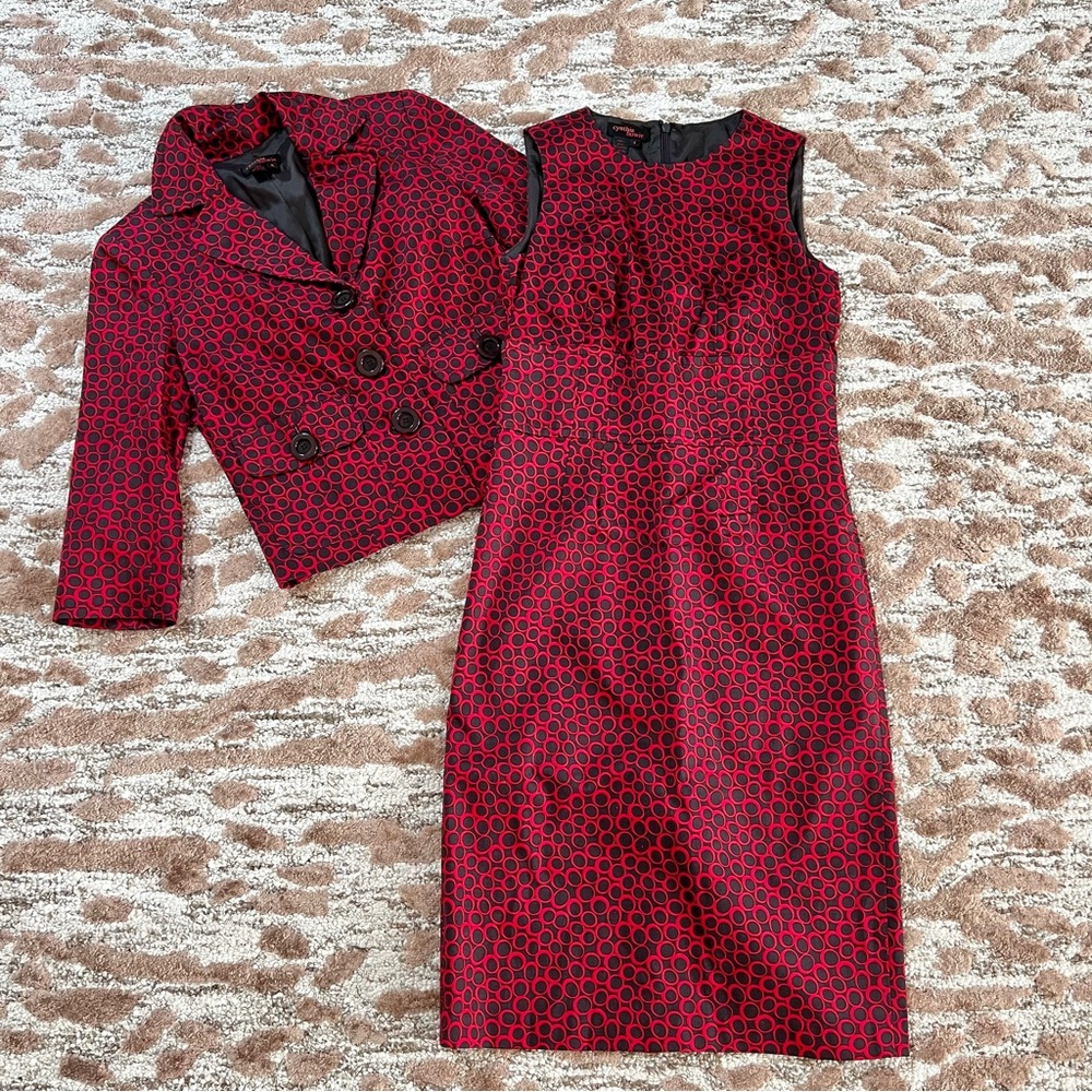 Cynthia Howie red and black spotted midi pencil dress & blazer set size 4